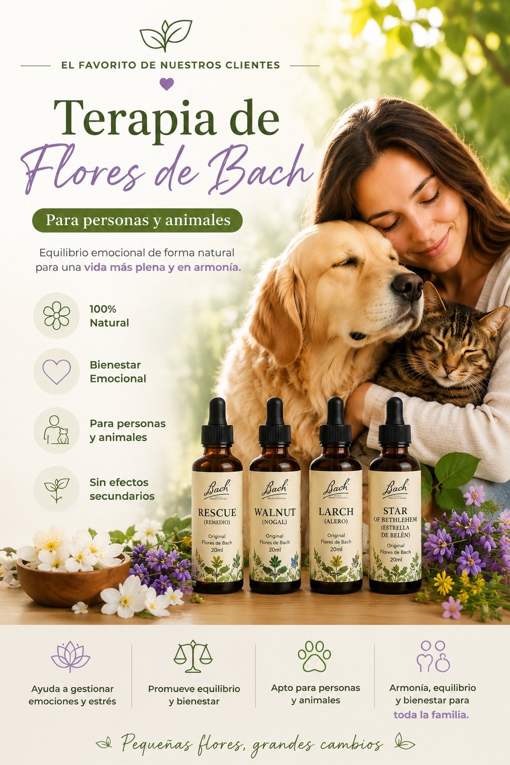 Terapia de Flores de Bach para personas y animales 🌿 Equilibrio emocional y bienestar natural para toda la familia. Ayuda a reducir el estrés, la ansiedad y promover la armonía de forma suave y natural.